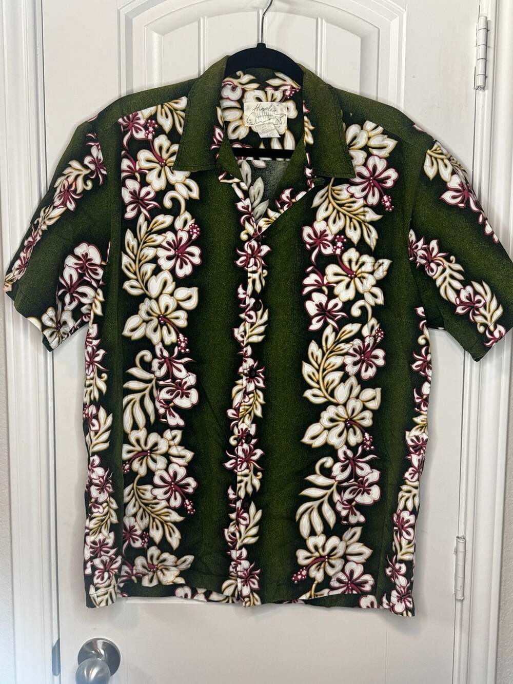 Hinalea Vintage Made in Hawaii Cotton Hawaiian Shirt Green Floral Hibiscus